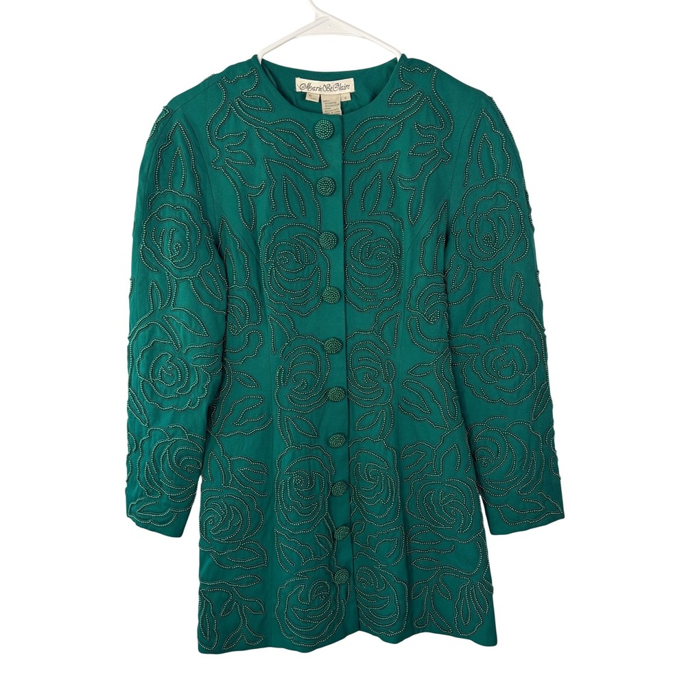Marie St. Claire Vintage Emerald Green Beaded‎ Rose Longline Jacket Womens 6